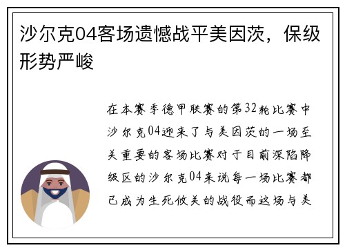 沙尔克04客场遗憾战平美因茨，保级形势严峻